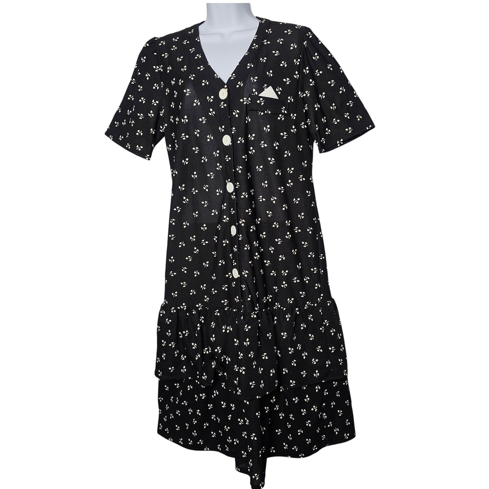 Tabby Of California Vintage Ditsy Floral Dress Womens 12 Black Tiered Ruffle 90s